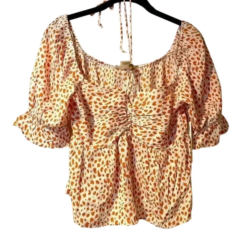 Romantic Puff Sleeve Ruched Crop Top with Leopard Print‎ Pattern  F49